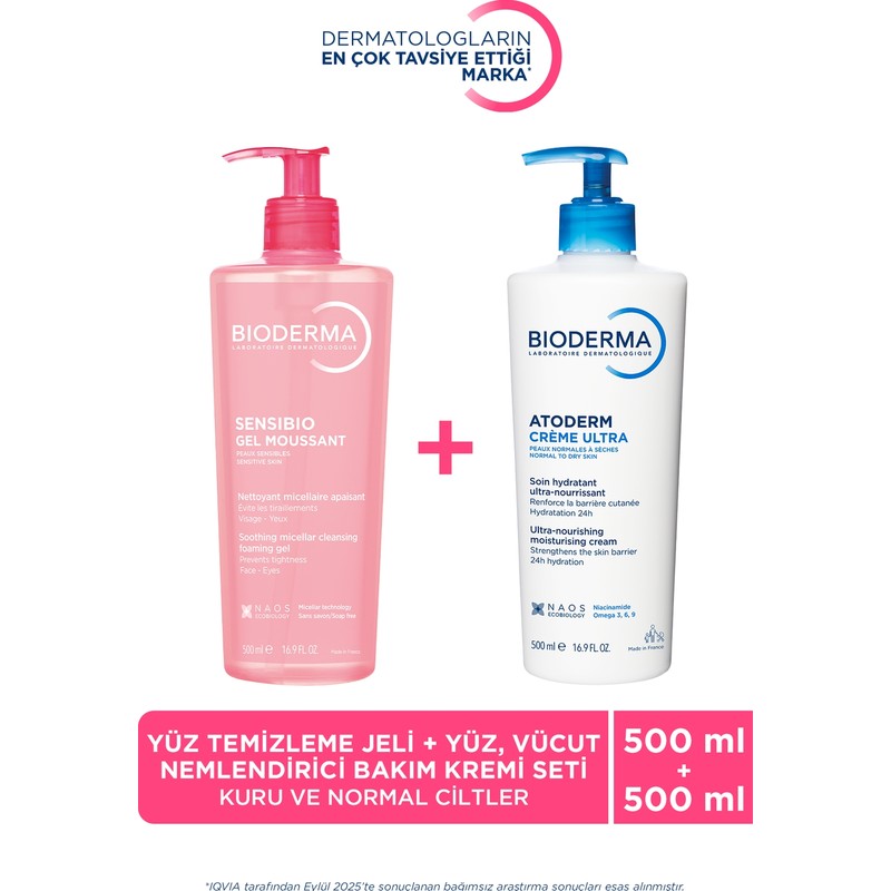 Bioderma 2'li Set Normal Ciltler İçin Yüz Temizleme Jeli ve Kuru Ciltler İçin Nemlendirici Krem 500 ml