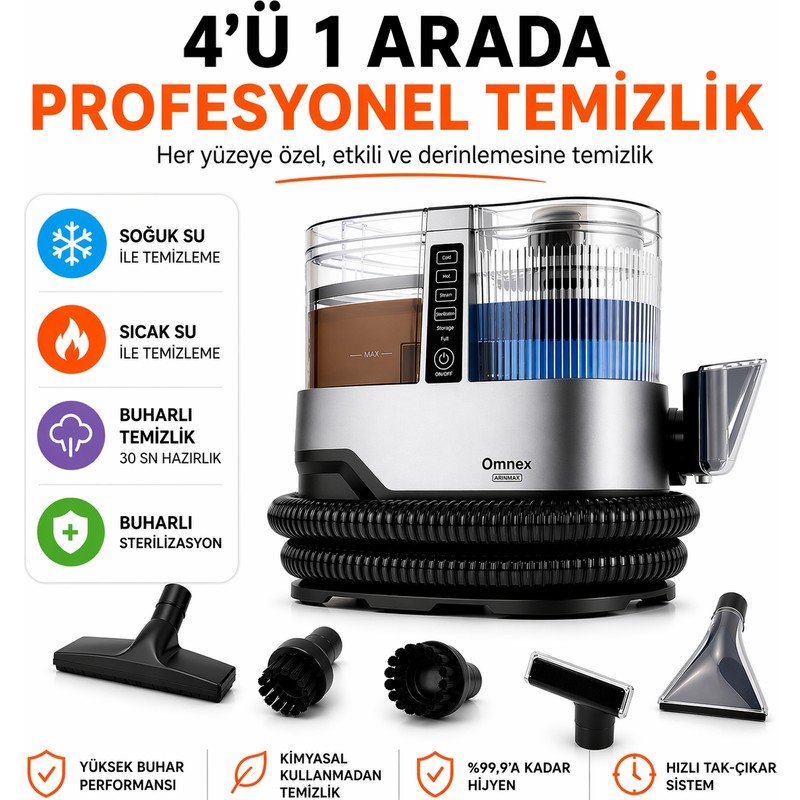 Omnex Arınmax Buharlı Koltuk ve Halı Yıkama Makinesi 17000KP Çift Tanklı Profesyonel Buhar Temizleyici - En Uygun Fiyatlarla Piinti'de