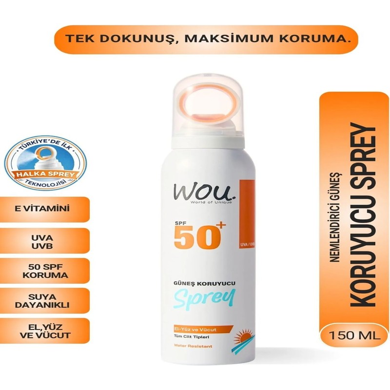 WOU World of Unique Yeni Nesil Güneş Koruyucu Sprey 50SPF. Özel Halka Sprey Teknolojisi 150ML