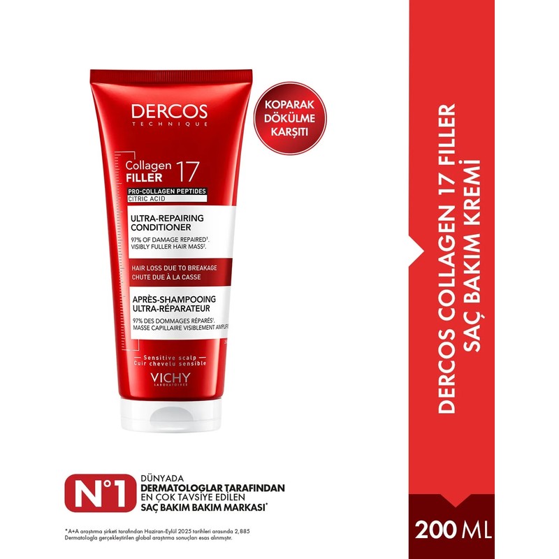 Vichy Dercos Collagen 17 Filler 200 ml Onarıcı Saç Bakım Kremi Hassas Saçlar İçin