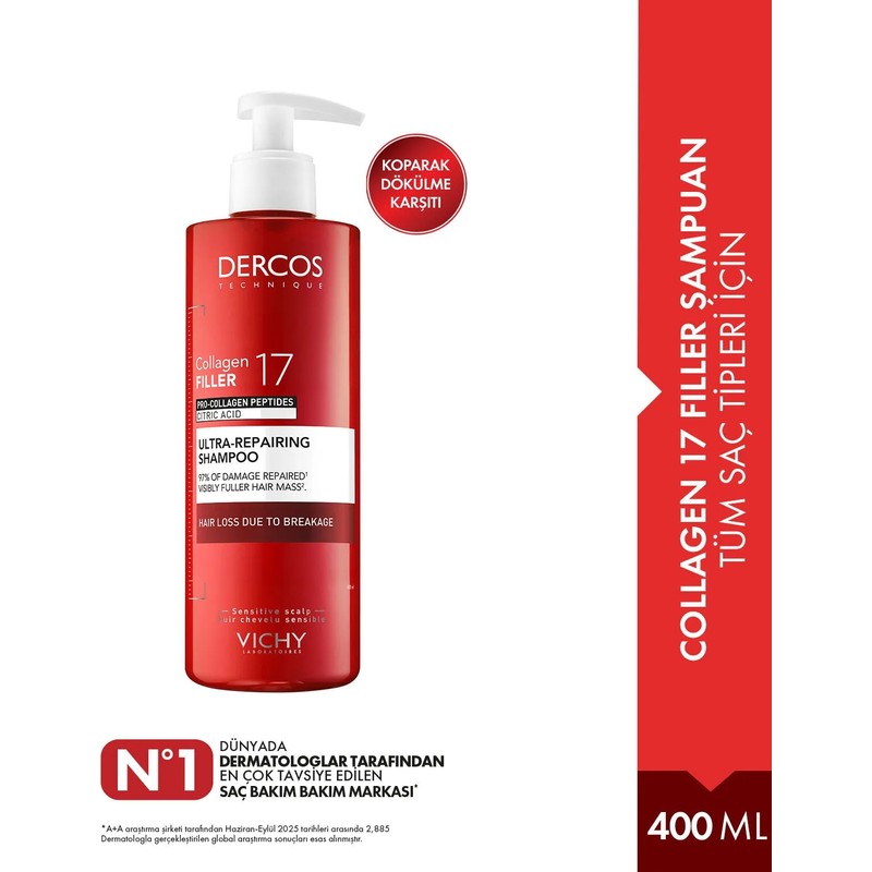 Vichy Dercos Collagen 17 Filler Onarıcı Şampuan 400 ml Sülfatsız Tüm Saç Tipleri İçin