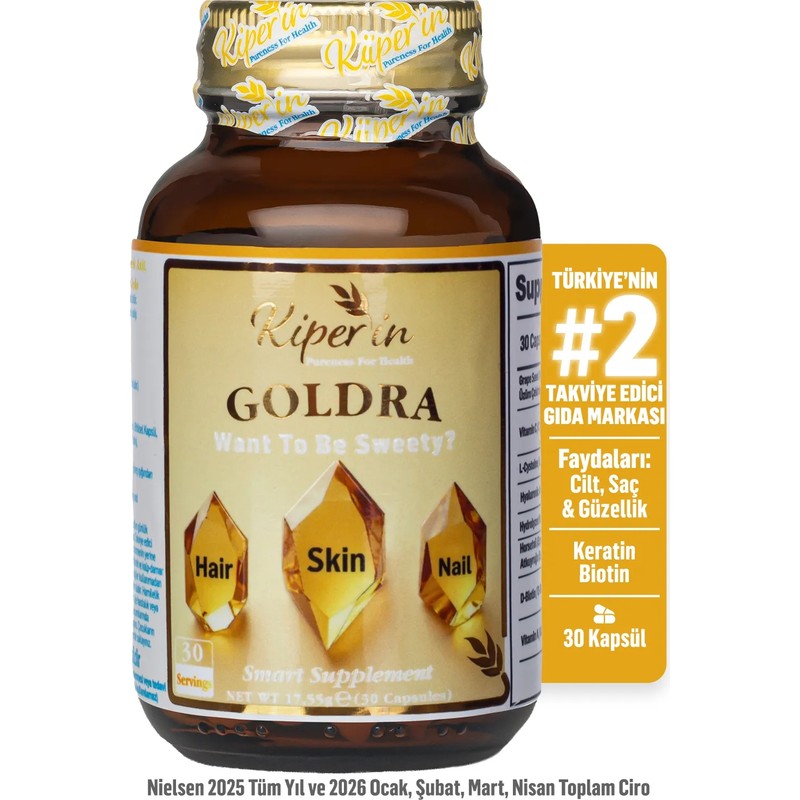 Kiperin Goldra | Cilt, Saç & Tırnak | Biotin, Keratin, Üzüm Çekirdeği, Hyaluronik Asit.. | 30 Kapsül