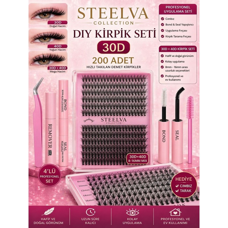 Steelva 280 Adet Kirpik Seti, Yapıştırıcı Sabitleyici Remover + Cımbız + Tarama Fırçası Profesyonel Kullanım 30D - 40D
