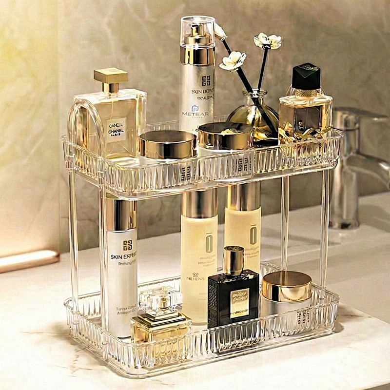 Unique Me 2 Katlı Makyaj Organizeri Kozmetik Aksesuar Düzenleyici Banyo Rafı Diamond Şeffaf Poli̇karbonat