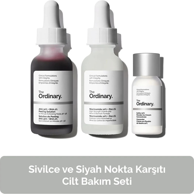 The Ordinary Sivilce ve Siyah Nokta Karşıtı Cilt Bakım Seti 3 Adet - Serum 30ML Peeling 30ML Toz Krem 5g