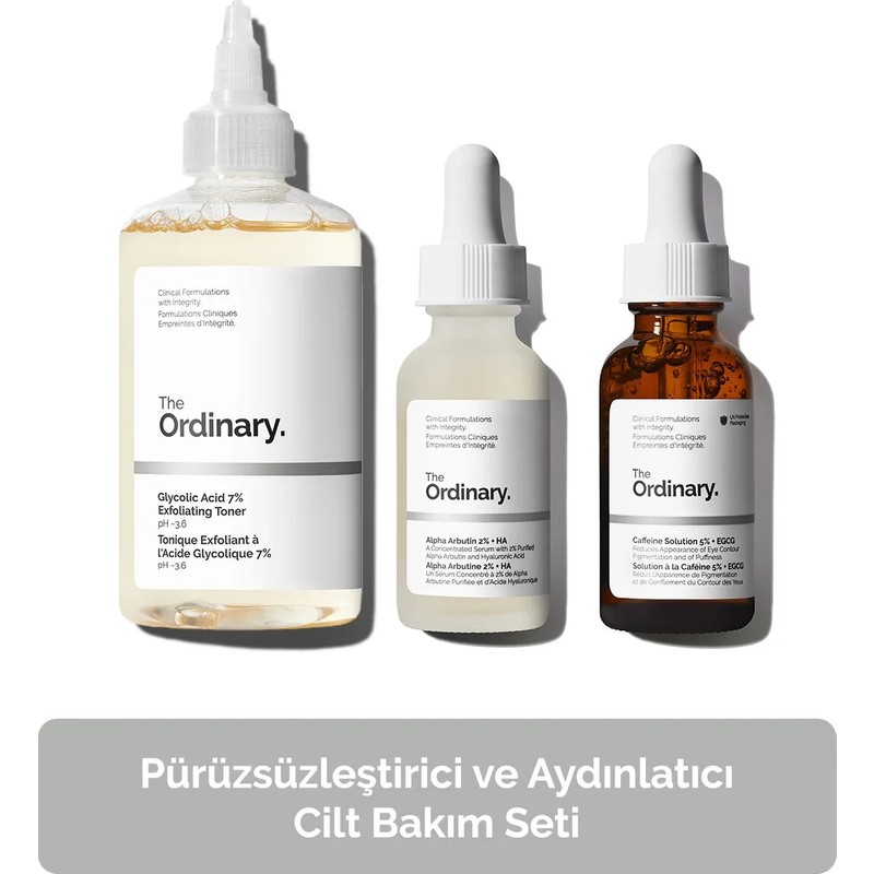 The Ordinary Pürüzsüzleştirici ve Aydınlatıcı Cilt Bakım Seti - Tonik 100ML + Göz Serumu 30ML + Leke Serumu 30ML