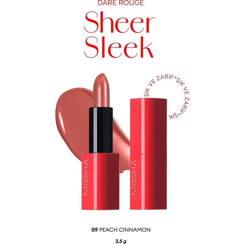 MISSHA Yoğun Pigmentli Besleyici Nemli Bitişli Ruj Dare Rouge Sheer Sleek (09 Peach Cinnamon)