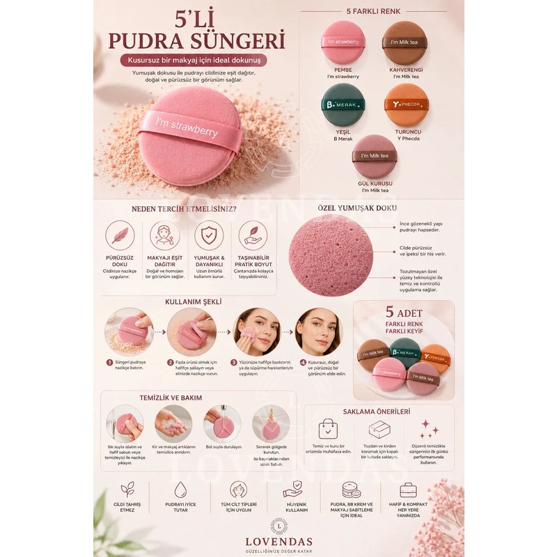 Lovendas Makyaj Pudra Süngeri 5li Set - Tutmalı Makyaj Süngeri Rahat Kullanım