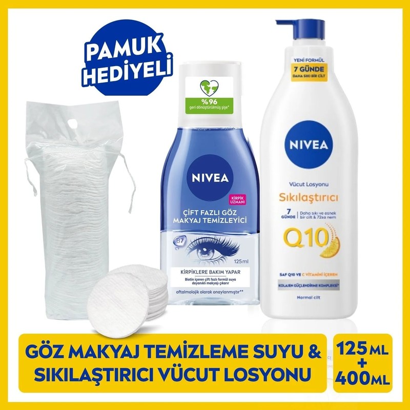 Nivea Çift Fazlı Suya Dayanıklı Göz Makyaj Temizleme Suyu 125ml ve Q10 Sıkılaştırıcı Nemlendirici Vücut Losyonu 400ml, Pamuk Hediye