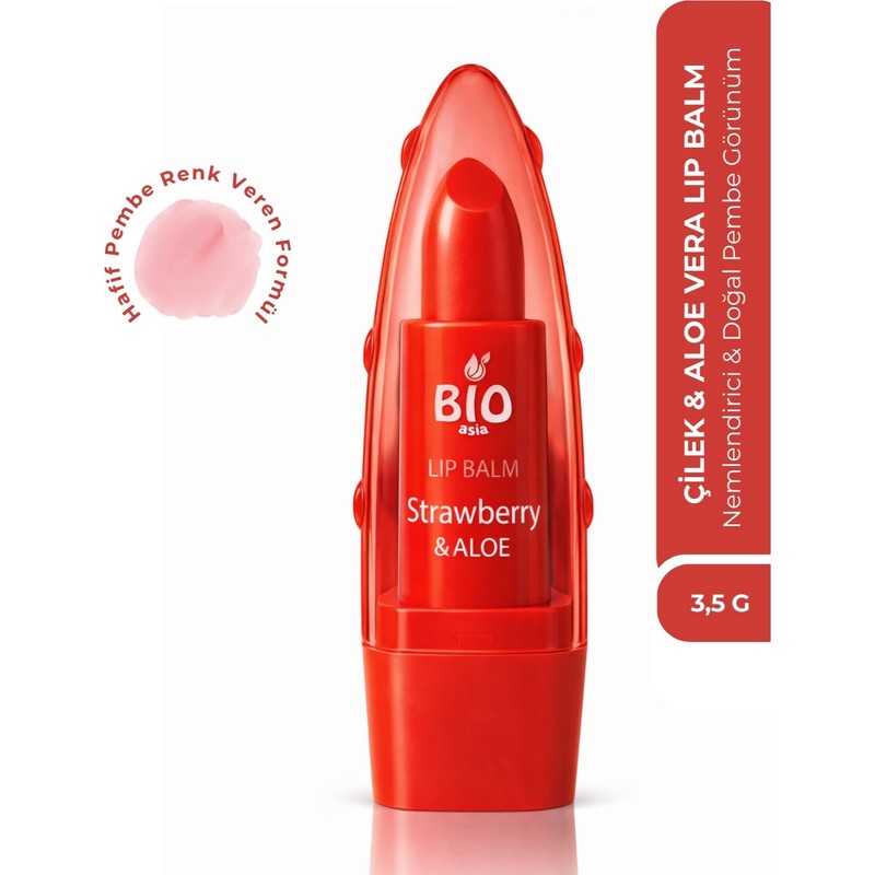 Bio Asia Çilek & Aloe Vera Lip Balm – Besleyici, Tatlı Aromalı Yoğun Dudak Nemlendiricisi (Pembe Renkli)