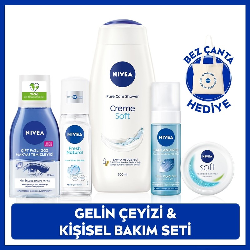 Nivea Gelin Çeyiz Seti, Creme Soft Duş Jeli 500ml, Canlandırıcı Yüz Temizleme Köpüğü 150ml, Pump Deodorant 150ml ve Nemlendirici Bakım Kremi 100ml