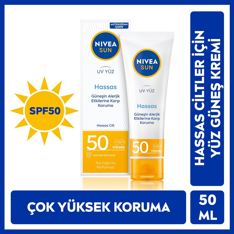 Nivea SUN SPF50 Güneş Koruyucu Hassas Yüz Kremi 50ml, Hassas ve Alerjik Ciltlere Özel, Nemlendirici, Parfümsüz