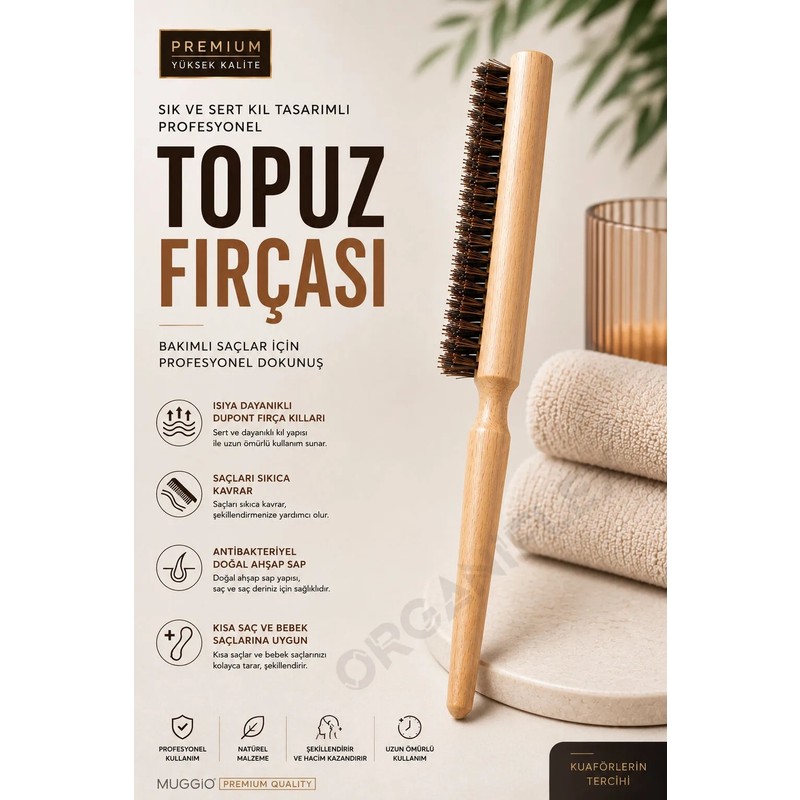 Organiflex 1 Adet Topuz Fırçası Hipoalerjenik Dolaşık Açıcı Özellikli Tüm Saçlar İçin Ahşap Malzeme
