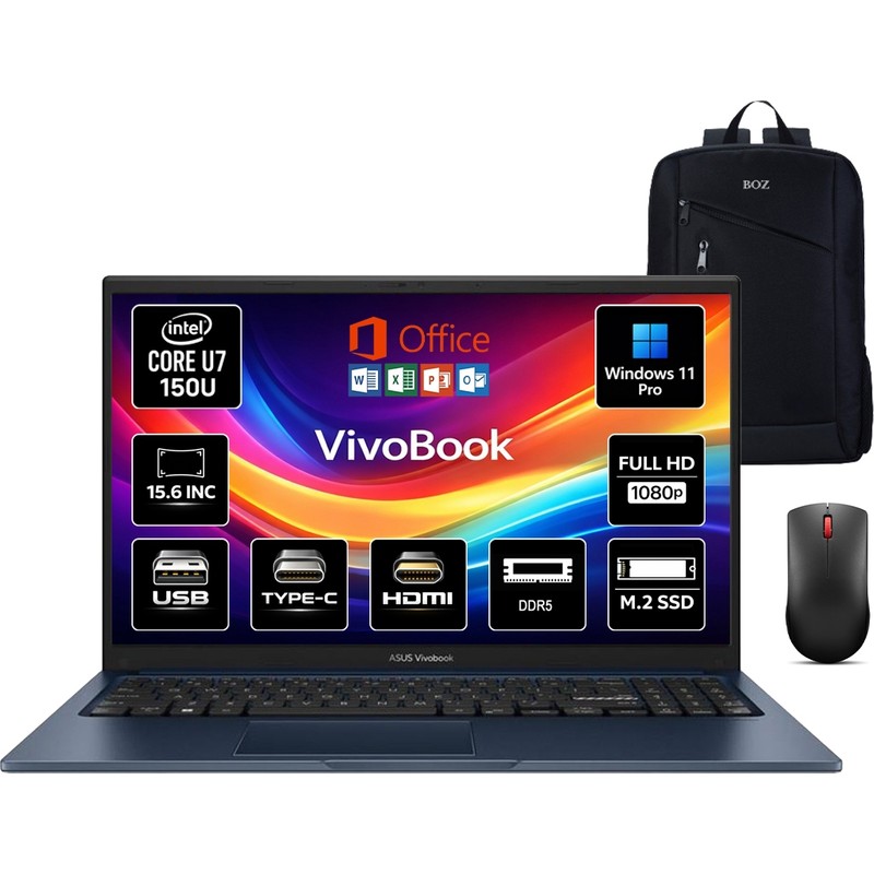 Asus Vivobook 15 Core 7 150U 16 GB 512 GB SSD 15.6'' Windows 11 Pro X1504VA-BQ5456 Notebook +Boz Çanta ve Mouse - Piinti Fiyat Karşılaştırması