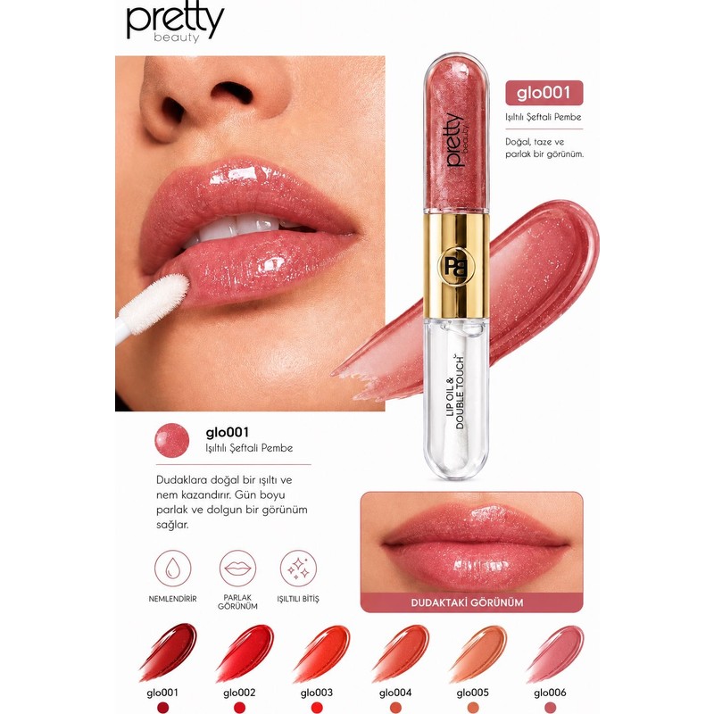 Pet Pretyy Pretty Beauty Lip Oil & Double Touch – GLO001 (Işıltılı Şeftali Pembe)