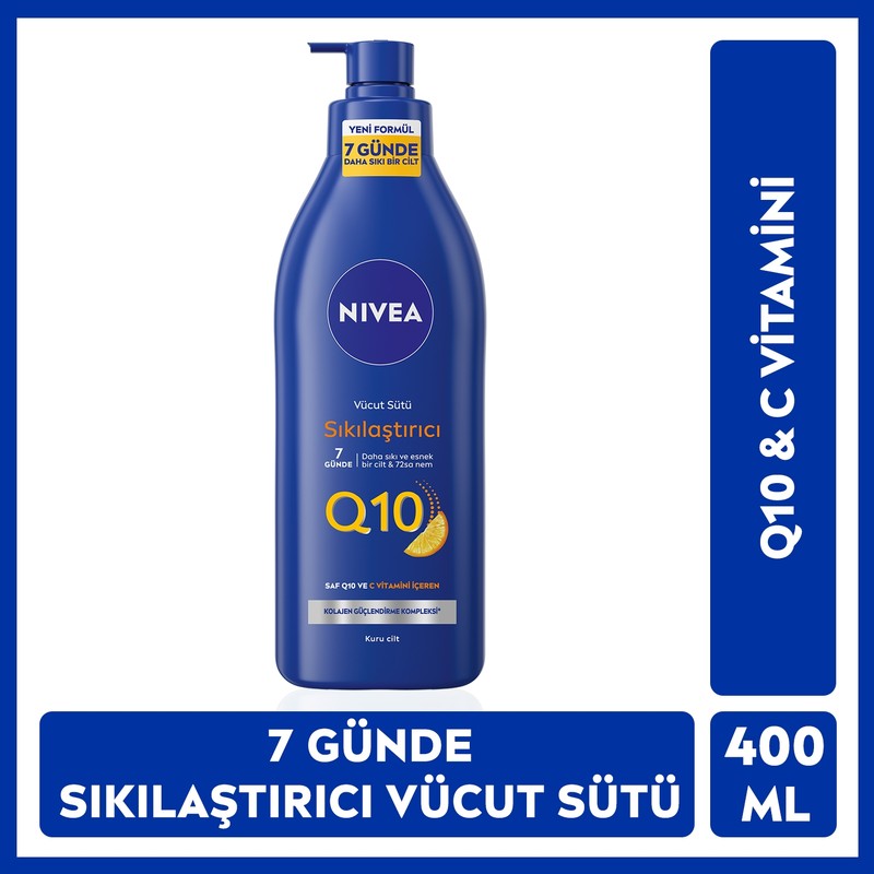 Nivea Q10 Sıkılaştırıcı Vücut Bakım Sütü 400ml, C Vitamini, 7 Günde Sıkı Cilt, 72 Saat Yoğun Nemlendirici, Kuru Cilt Tipleri