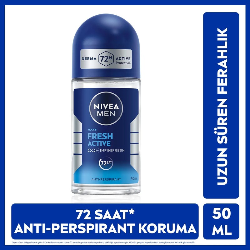 Nivea Men MEN Erkek Roll-on Deodorant Fresh Active 50ml, 72 Saat Terleme Karşıtı, Alkolsüz, Ferahlatıcı Etki