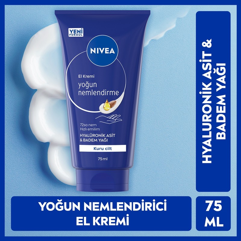 Nivea Yoğun Nemlendirici El Bakım Kremi 75ml, Kuru Ciltler, Hyaluronik Asit, Badem Yağı, Yumuşak ve Bakımlı Cilt Hissi