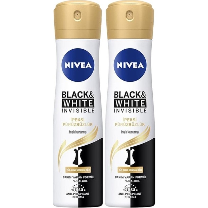 Nivea Black & White İpeksi Pürüzsüzlük Sprey 150 ml x 2 Hızlı Kuruma ve 48 Saat Koruma