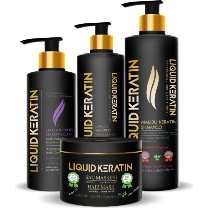 Liquid Keratin Saç Düzleştirici 4'lü Keratin Bakım Seti - Kabaran Kuru Sert Saçlar İçin Şampuan+Krem+Keratin+Maske
