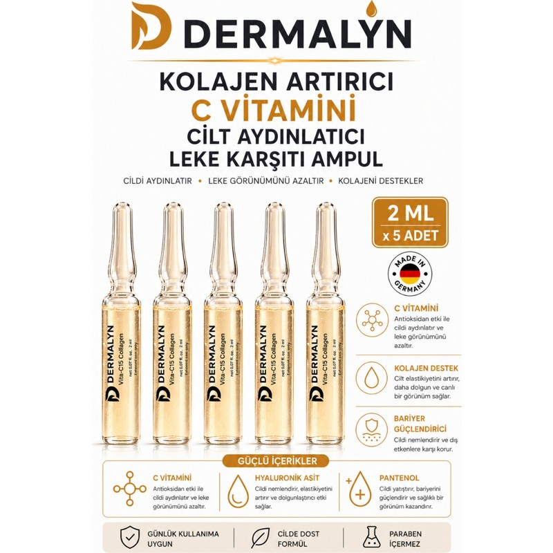 Dermalyn 5 Adet Kolajen Artırıcı C Vitamini Cilt Aydınlatıcı Leke Karşıtı Ampul Serum Dermaroller Dermapen