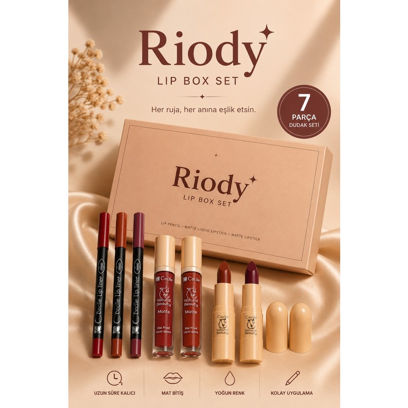Riody Lip Box Set 7 Parça Dudak Makyaj Seti Mat Ruj Likit Ruj Dudak Kalemi Hediyelik