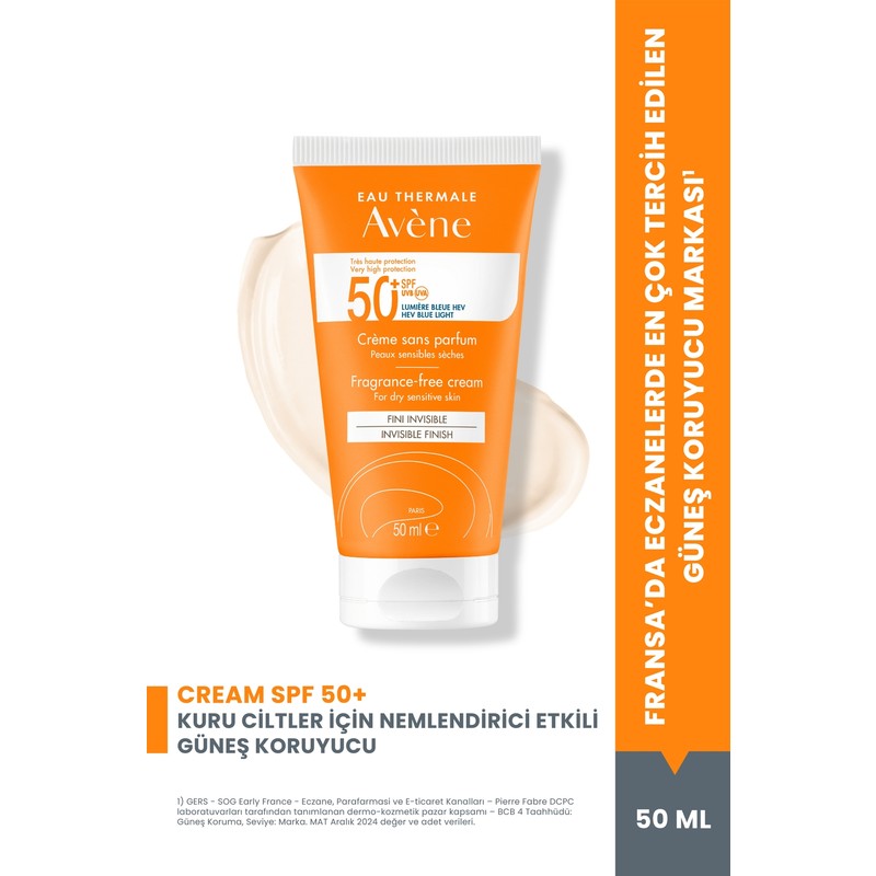 Avene Cream SPF 50+ Kuru Ciltler için Güneş Kremi Yüksek Koruma ve Nemlendirici Etkili 50 ml