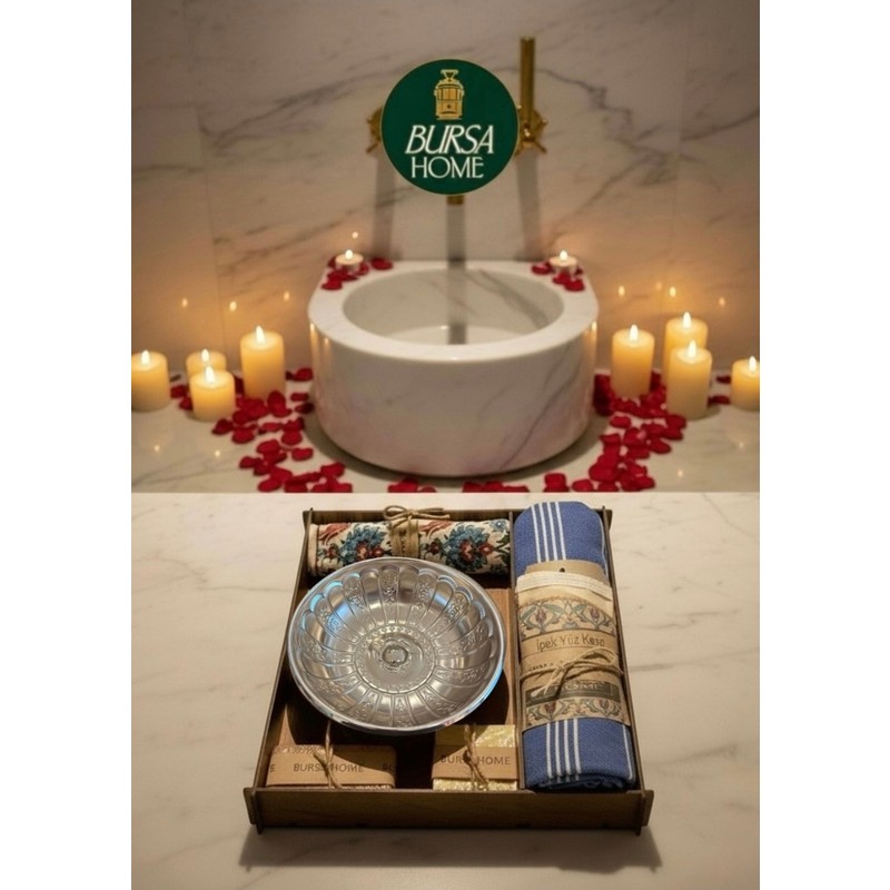 UltraMint Şık Kutulu Hamam Seti, Çeyizlik ve Hediyelik, Sabun, Ipek Kesesi, Peştemal