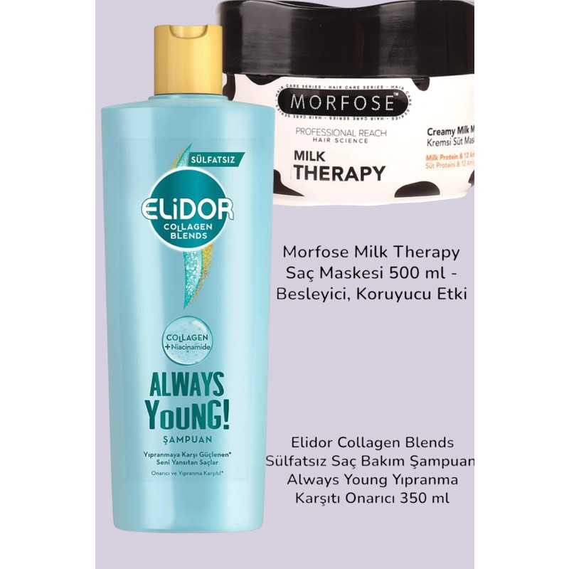 Elidor Collagen Tuzsuz Şampuan Onarıcı ve Yıpranma Karşıtı 350 ml + Morfose Mılk Threapy Maske 500 ml