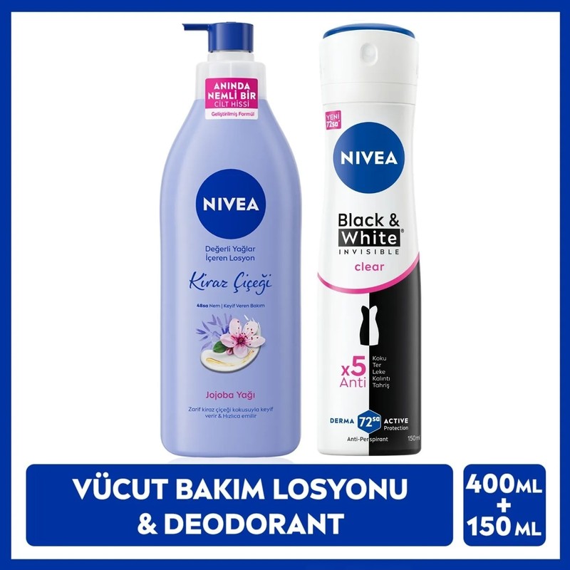 Nivea Kadın Sprey Deodorant Black&White Invisible Clear 150ml ve Kiraz Çiçeği Nemlendirici Vücut Bakım Losyonu 400ml
