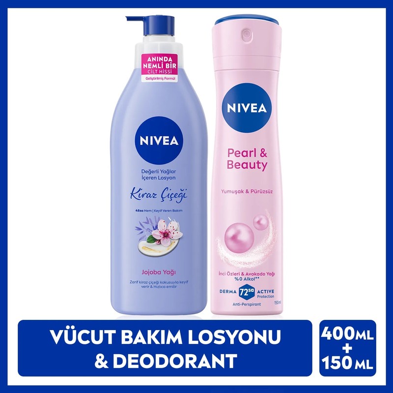 Nivea Kadın Sprey Deodorant Pearl&Beauty 150ml ve Kiraz Çiçeği Nemlendirici Vücut Bakım Losyonu 400ml