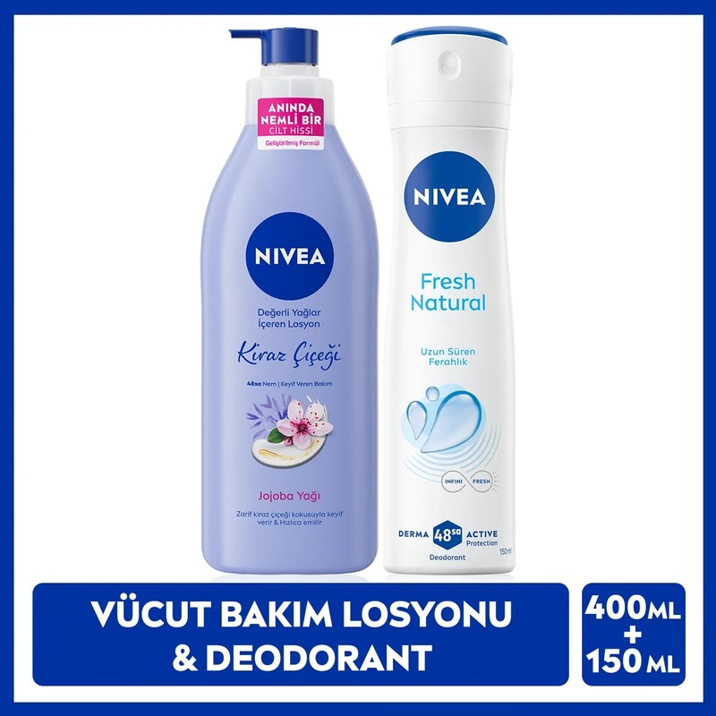 Nivea Kadın Sprey Deodorant Fresh Natural 150ml ve Kiraz Çiçeği Nemlendirici Vücut Bakım Losyonu 400ml