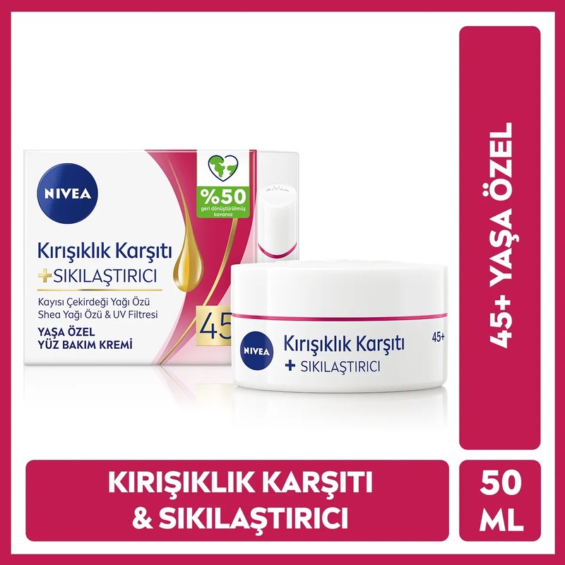 Nivea 45 Yaşa Özel Kırışıklık Karşıtı Yüz Bakım Kremi 50ml, Sıkılaştırıcı, Kaz Ayağı Kırışıklığı Giderici
