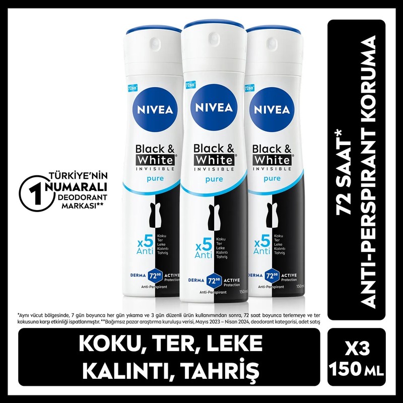 Nivea Kadın Sprey Deodorant Black&White Invisible Pure 150ml, 72 Saat Ter Koruması, X3Adet