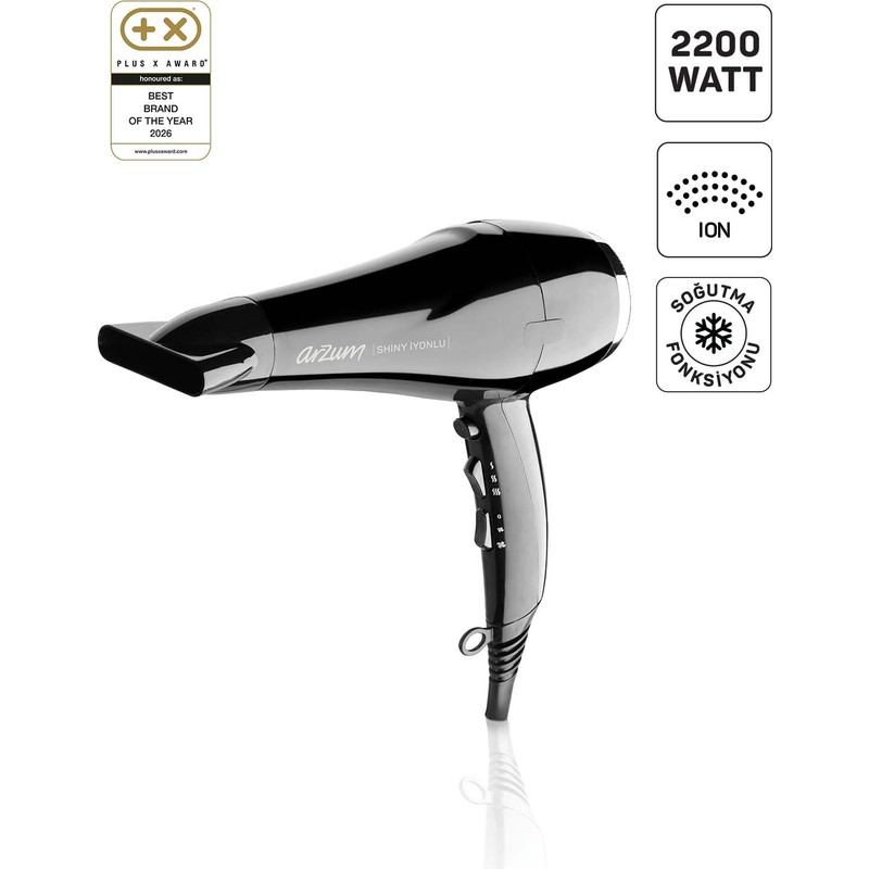 Arzum AR5007 Shiny İyonlu Saç Kurutma Makinesi, Difüzörlü Başlıklı, 2200W, Siyah