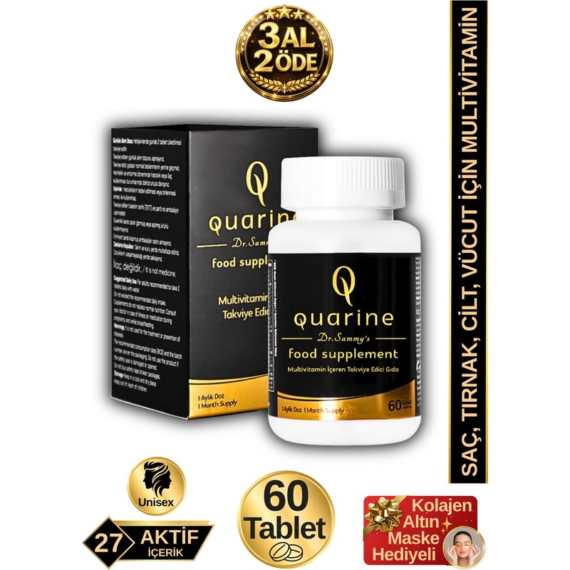 Dr. Sammy's Quarine Saç, Tırnak, Cilt ve Vücut Vitamini (60 Tablet) Dökülme ve Yıpranma Karşıtı Keratin, Biotin, Bitkisel Kök Hücre Extratları,Ginseng ve Multivitamin İçeren Diyet Takviyesi