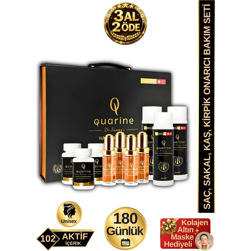 Dr. Sammy's Quarine 6 Aylık Premium Çanta Set (4 Serum+3 Tablet+3 Şampuan) Dökülmelere Karşı Bitkisel Kök Hücre Ekstratları, Vitamin ve Mineral İçeren Onarıcı Tırnak ve Saç Bakım Seti