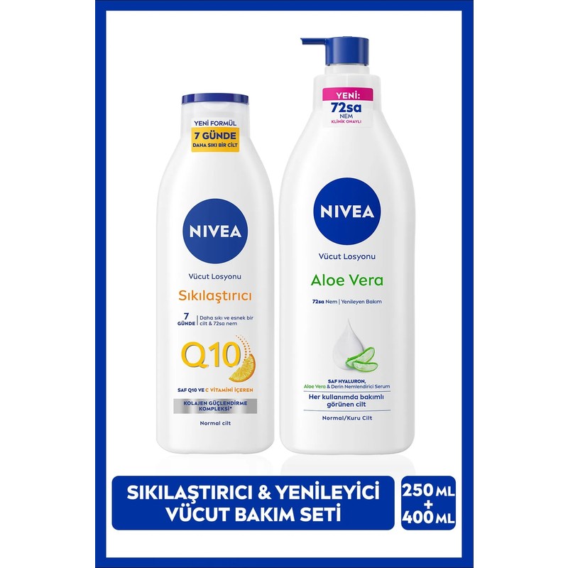 Nivea Q10 Sıkılaştırıcı Vücut Losyonu 250ml ve Aloe Vera Nemlendirici Bakım Losyonu 400ml, Yatıştırıcı