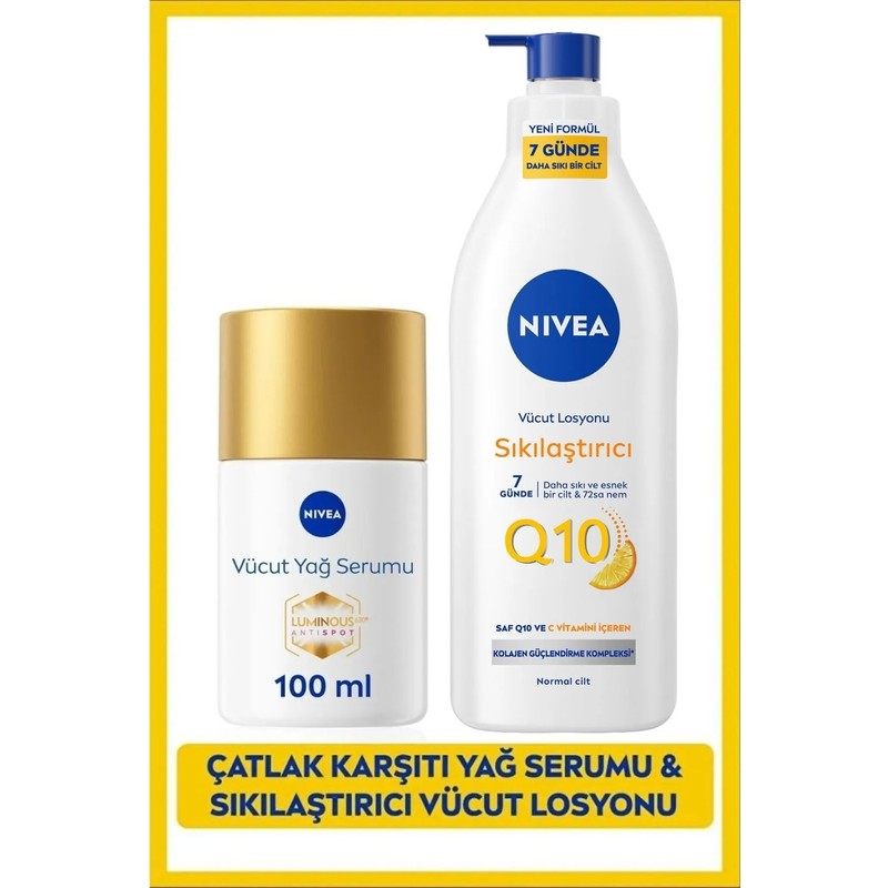 Nivea Q10 Sıkılaştırıcı Vücut Bakım Losyonu 400ml ve Luminous630 Çatlak Karşıtı Vücut Yağ Serumu 100ml, Nemlendirici, C Vitamini
