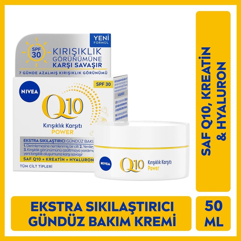 Nivea Q10 Power Kırışıklık Karşıtı Sıkılaştırıcı Gündüz Yüz Bakım Kremi 50ml, SPF30 Güneş Koruyucu, Keratin, Hyaluron
