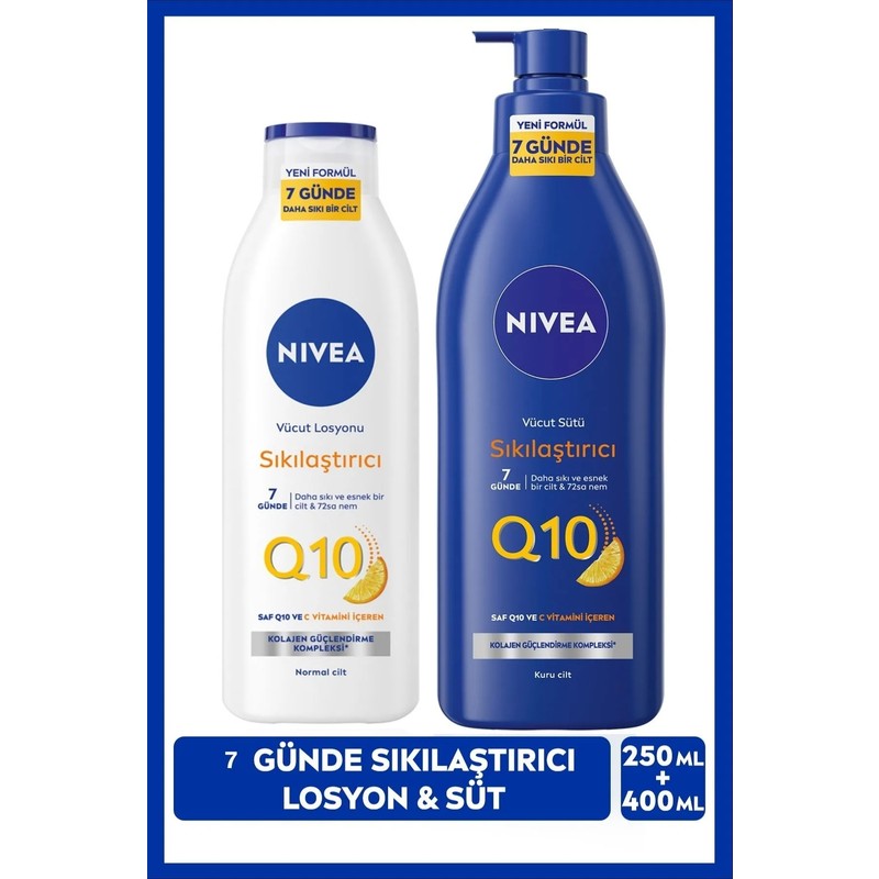 Nivea Q10 Sıkılaştırıcı Vücut Bakım Sütü 400ml ve Losyon 250ml, C Vitamini, Nemlendirici, İkili Paket, Kuru ve Normal Cilt