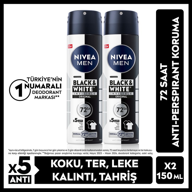 Nivea Men MEN Erkek Sprey Deodorant Black&White Invisible Original 150ml, Alkolsüz, 72 Saat Koruma, X2 Adet