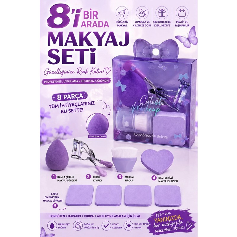 Makri Home 8 Parça Mor Makyaj Süngeri, Fırçası ve Kirpik Kıvırıcı Seti