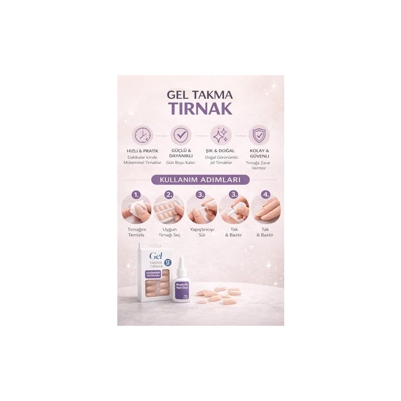TeknoKapsül Gel Takma Tırnak Seti 12 Adet Kendinden Yapışkanlı Press-On Nails, Doğal Görünüm, Dayanıklı Kola