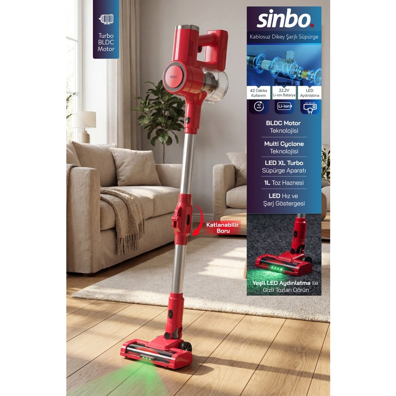 Sinbo SVC-8642 Kablosuz Dikey Şarjlı Süpürge 22.2V Bldc Motor LED Işıklı Turbo Başlık 1l Toz Hazneli - En Uygun Fiyatlarla Piinti'de