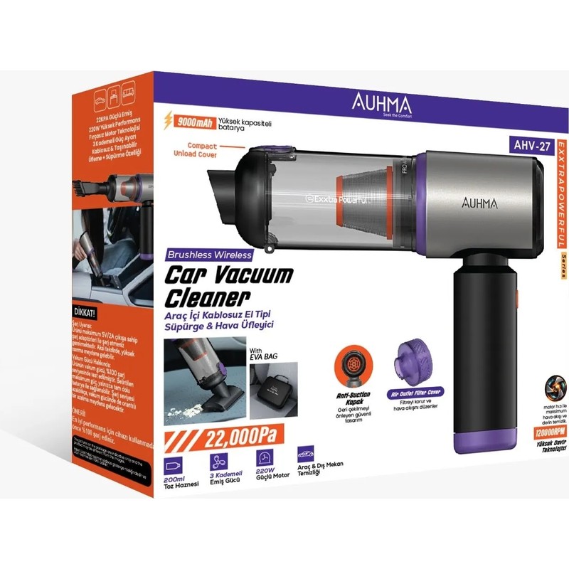 Azurtech Auhma Elite Power Ahv-27 Gri Şarjlı Araç Süpürgesi -22.000 Pa Emiş Gücü 9.000Mah - En Uygun Fiyatlarla Piinti'de