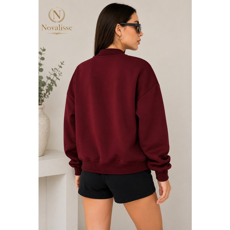 Novalisse Kadın Bordo Bomber Ceket – Oversize Dalgıç Kumaş Çıtçıt Düğmeli Baharlık Ceket 2