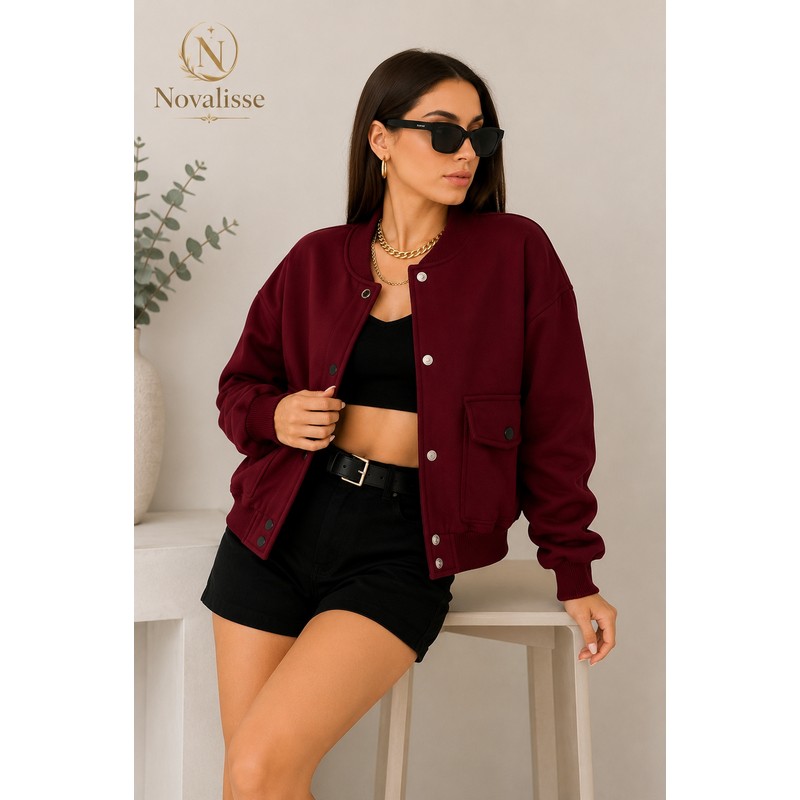 Novalisse Kadın Bordo Bomber Ceket – Oversize Dalgıç Kumaş Çıtçıt Düğmeli Baharlık Ceket 3