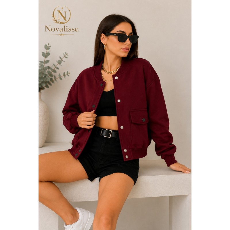 Novalisse Kadın Bordo Bomber Ceket – Oversize Dalgıç Kumaş Çıtçıt Düğmeli Baharlık Ceket 4