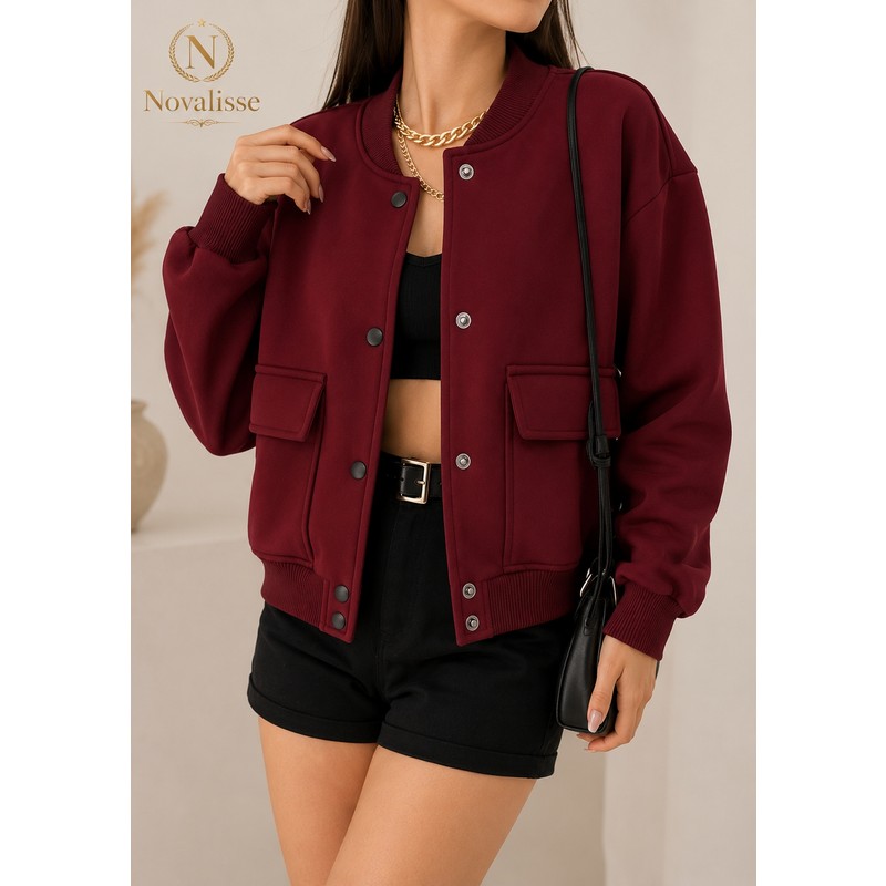 Novalisse Kadın Bordo Bomber Ceket – Oversize Dalgıç Kumaş Çıtçıt Düğmeli Baharlık Ceket 5